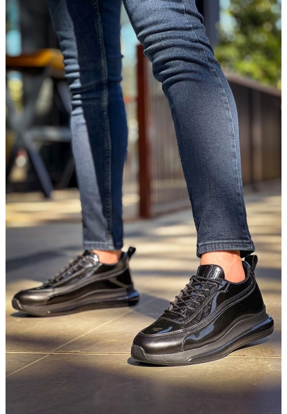 MirgeShoes Parlak Siyah Bağcıklı Erkek Casual Ayakkabı Yüksek Kalın SYH Taban MRG01064737