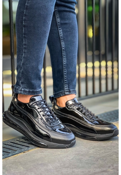 MirgeShoes Parlak Siyah Bağcıklı Erkek Casual Ayakkabı Yüksek Kalın SYH Taban MRG01064737