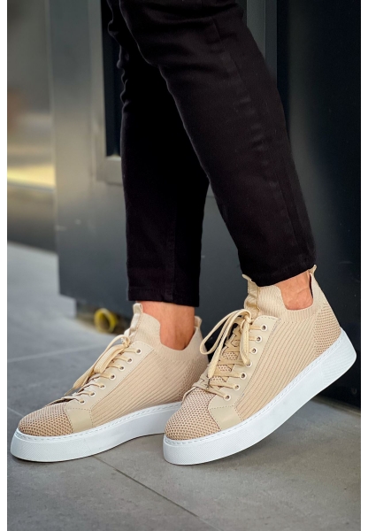 MirgeShoes Bej Bağcıklı Erkek Spor Ayakkabı Rahat Kalın BYZ Taban MRG01064741