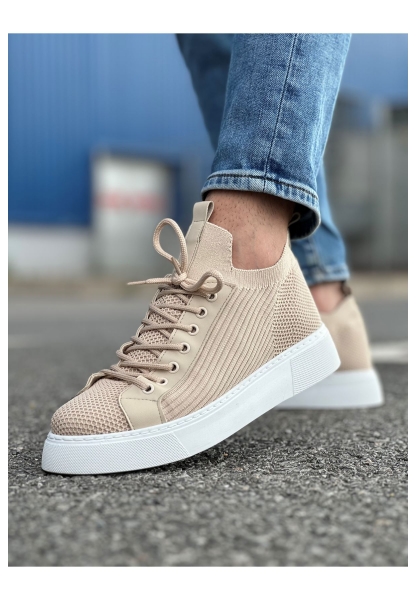 MirgeShoes Bej Bağcıklı Erkek Spor Ayakkabı Rahat Kalın BYZ Taban MRG01064741