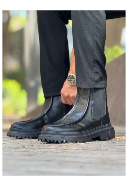 MirgeShoes Siyah Bağcıksız Erkek Klasik Chelsea Bot Yüksek Kalın SYH Taban MRG01064751