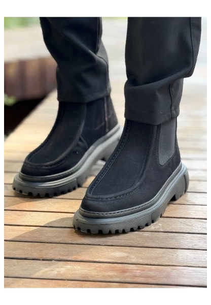 MirgeShoes Mat Siyah Bağcıksız Erkek Klasik Chelsea Bot Yüksek Kalın SYH Taban MRG01064751