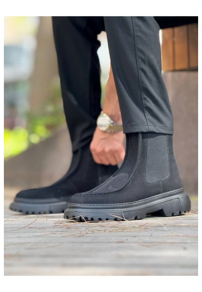 MirgeShoes Mat Siyah Bağcıksız Erkek Klasik Chelsea Bot Yüksek Kalın SYH Taban MRG01064751