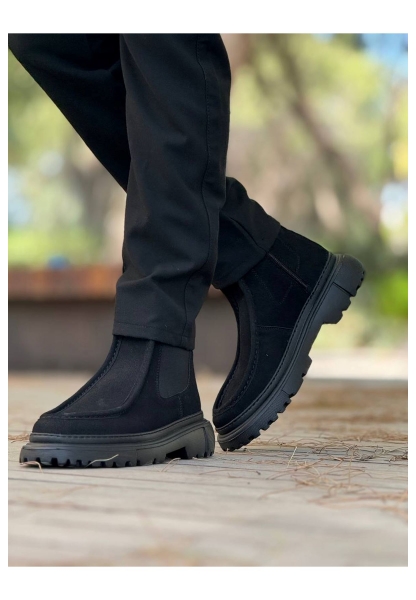 MirgeShoes Mat Siyah Bağcıksız Erkek Klasik Chelsea Bot Yüksek Kalın SYH Taban MRG01064751