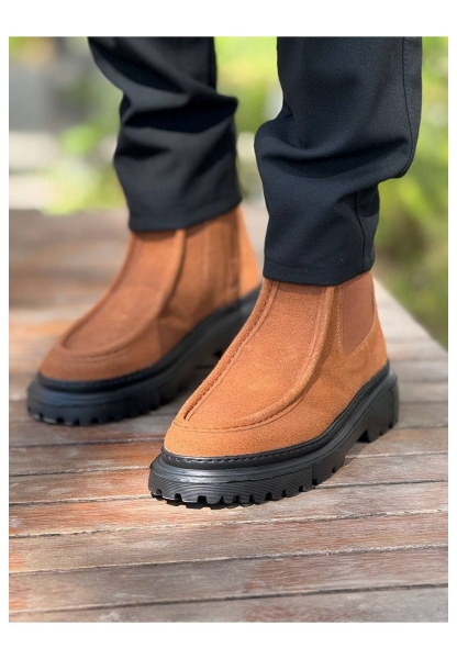 MirgeShoes Taba Bağcıksız Erkek Klasik Chelsea Bot Yüksek Kalın SYH Taban MRG01064751