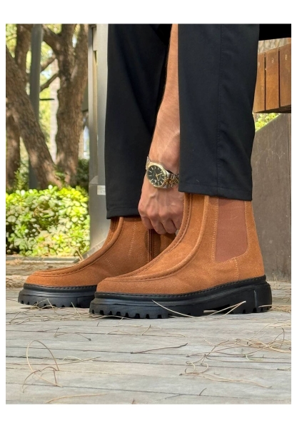 MirgeShoes Taba Bağcıksız Erkek Klasik Chelsea Bot Yüksek Kalın SYH Taban MRG01064751