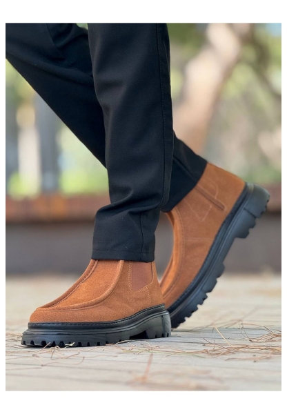 MirgeShoes Taba Bağcıksız Erkek Klasik Chelsea Bot Yüksek Kalın SYH Taban MRG01064751
