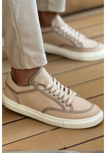 MirgeShoes Bej Bağcıklı Erkek Spor Ayakkabı Keten Kalın BYZ Taban MRG01064823