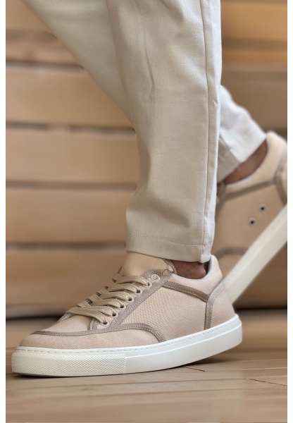 MirgeShoes Bej Bağcıklı Erkek Spor Ayakkabı Keten Kalın BYZ Taban MRG01064823