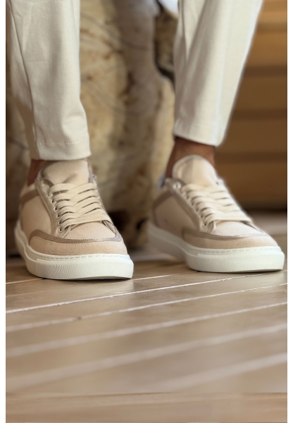 MirgeShoes Bej Bağcıklı Erkek Spor Ayakkabı Keten Kalın BYZ Taban MRG01064823
