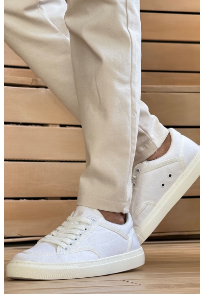 MirgeShoes Beyaz Bağcıklı Erkek Spor Ayakkabı Keten Kalın BYZ Taban MRG01064823