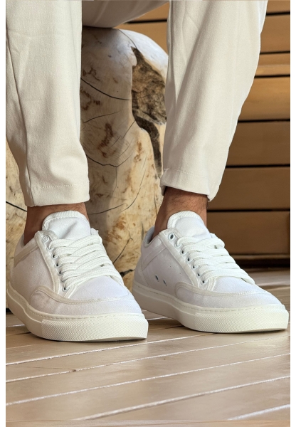 MirgeShoes Beyaz Bağcıklı Erkek Spor Ayakkabı Keten Kalın BYZ Taban MRG01064823