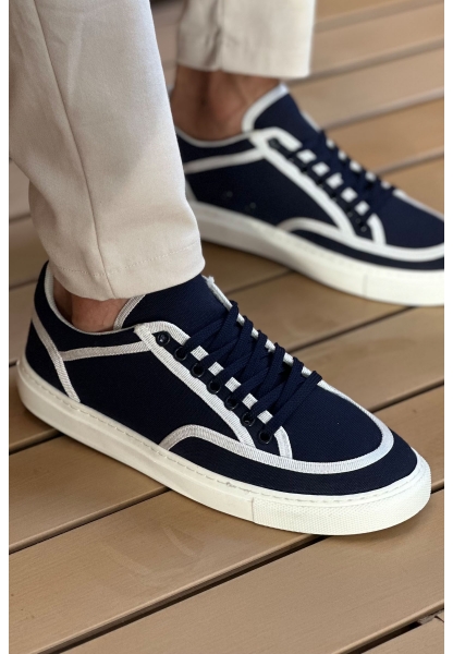 MirgeShoes Lacivert-Beyaz Bağcıklı Erkek Spor Ayakkabı Keten Kalın BYZ Taban MRG01064823
