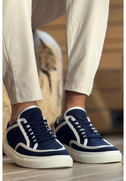 MirgeShoes Lacivert-Beyaz Bağcıklı Erkek Spor Ayakkabı Keten Kalın BYZ Taban MRG01064823