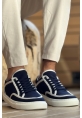 MirgeShoes Lacivert-Beyaz Bağcıklı Erkek Spor Ayakkabı Keten Kalın BYZ Taban MRG01064823