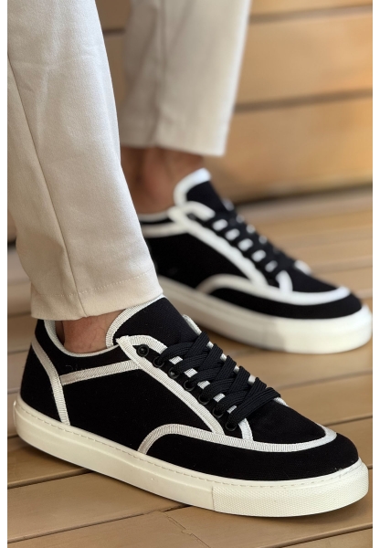 MirgeShoes Siyah-Beyaz Bağcıklı Erkek Spor Ayakkabı Keten Kalın BYZ Taban MRG01064823