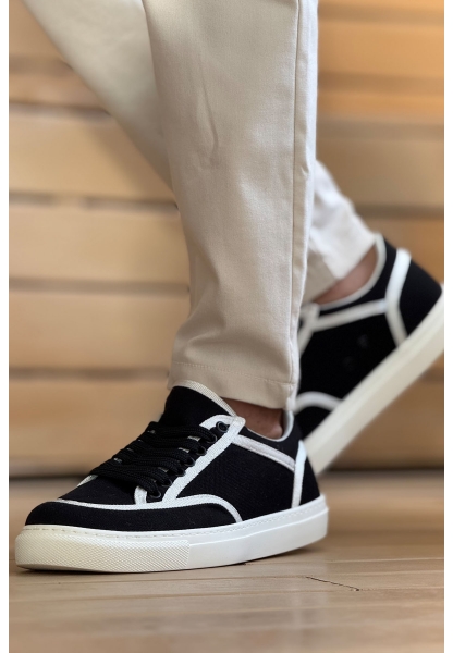 MirgeShoes Siyah-Beyaz Bağcıklı Erkek Spor Ayakkabı Keten Kalın BYZ Taban MRG01064823