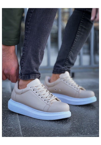 MirgeShoes Bej Bağcıklı Unisex Günlük Ayakkabı Yüksek Kalın BYZ Taban MRG01062575