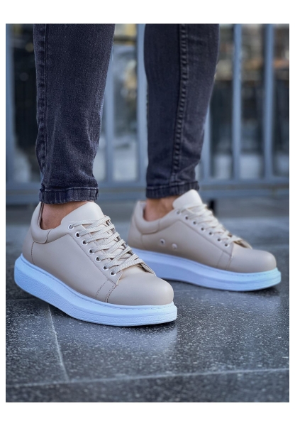 MirgeShoes Bej Bağcıklı Unisex Günlük Ayakkabı Yüksek Kalın BYZ Taban MRG01062575
