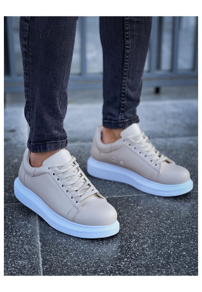 MirgeShoes Bej Bağcıklı Unisex Günlük Ayakkabı Yüksek Kalın BYZ Taban MRG01062575