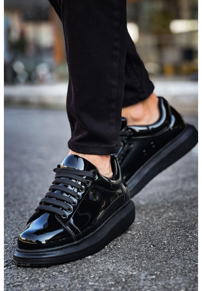 MirgeShoes Parlak Siyah Bağcıklı Unisex Günlük Ayakkabı Yüksek Kalın BYZ Taban MRG01062575