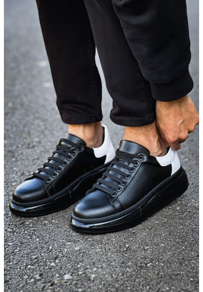 MirgeShoes Siyah-Beyaz Bağcıklı Erkek Tarz Model Ayakkabı Yüksek Kalın SYH Taban MRG01062613