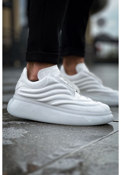 MirgeShoes Beyaz Bağcıklı Erkek Tarz Ayakkabı Model Kabartma Model Yüksek Kalın BYZ Taban MRG01062613
