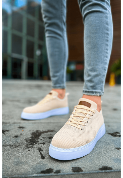 MirgeShoes Krem Bağcıklı Erkek Spor Ayakkabı Günlük Rahat Yüksek BYZ Taban MRG01062731