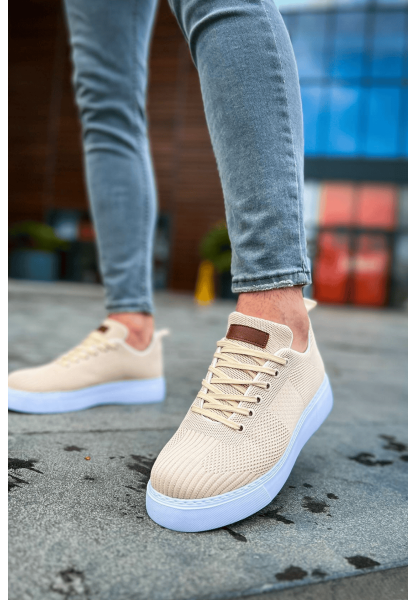 MirgeShoes Krem Bağcıklı Erkek Spor Ayakkabı Günlük Rahat Yüksek BYZ Taban MRG01062731