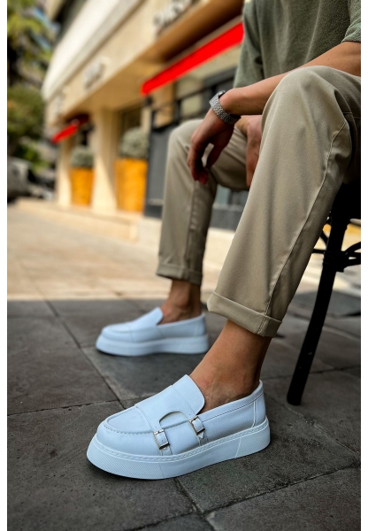 MirgeShoes Beyaz Tokalı Erkek Loafer Ayakkabı Kalın Yüksek BYZ Taban MRG01062735
