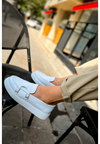 MirgeShoes Beyaz Tokalı Erkek Loafer Ayakkabı Kalın Yüksek BYZ Taban MRG01062735