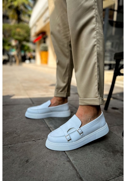 MirgeShoes Beyaz Tokalı Erkek Loafer Ayakkabı Kalın Yüksek BYZ Taban MRG01062735