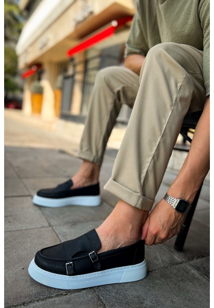 MirgeShoes Siyah Tokalı Erkek Loafer Ayakkabı Kalın Yüksek BYZ Taban MRG01062735