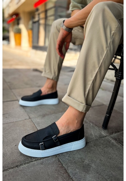 MirgeShoes Siyah Tokalı Erkek Loafer Ayakkabı Kalın Yüksek BYZ Taban MRG01062735