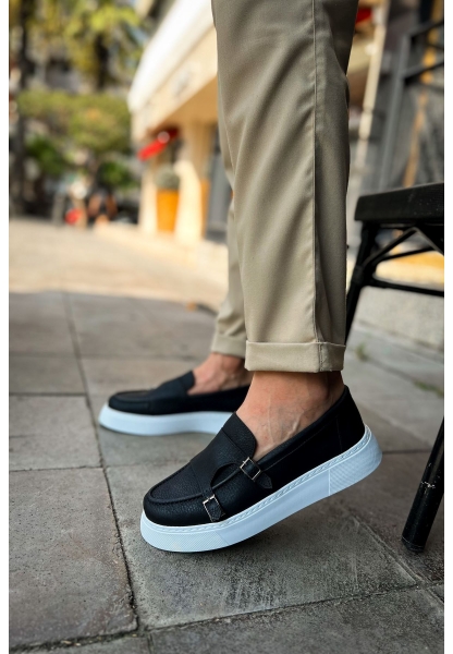 MirgeShoes Siyah Tokalı Erkek Loafer Ayakkabı Kalın Yüksek BYZ Taban MRG01062735
