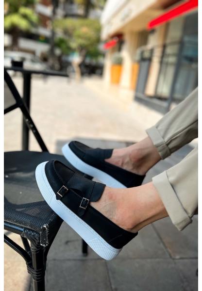 MirgeShoes Siyah Tokalı Erkek Loafer Ayakkabı Kalın Yüksek BYZ Taban MRG01062735