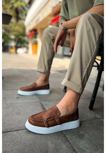 MirgeShoes Taba Tokalı Erkek Loafer Ayakkabı Kalın Yüksek BYZ Taban MRG01062735