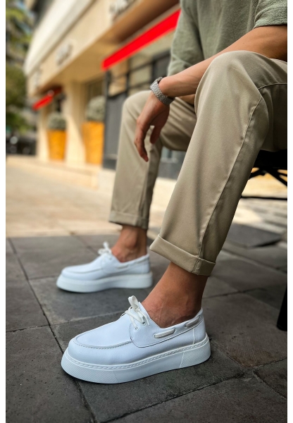 MirgeShoes Beyaz Bağcıklı Erkek Loafer Ayakkabı Yüksek Kalın BYZ Taban MRG01062737