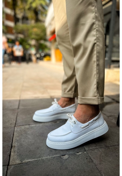MirgeShoes Beyaz Bağcıklı Erkek Loafer Ayakkabı Yüksek Kalın BYZ Taban MRG01062737