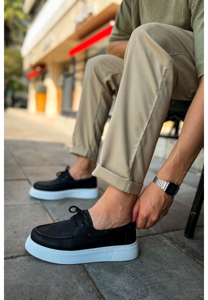 MirgeShoes Siyah Bağcıklı Erkek Loafer Ayakkabı Yüksek Kalın BYZ Taban MRG01062737