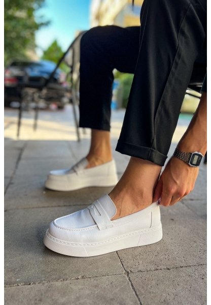 MirgeShoes Beyaz Bağcıksız Erkek Loafer Ayakkabı Yüksek Kalın BYZ Taban MRG01062739