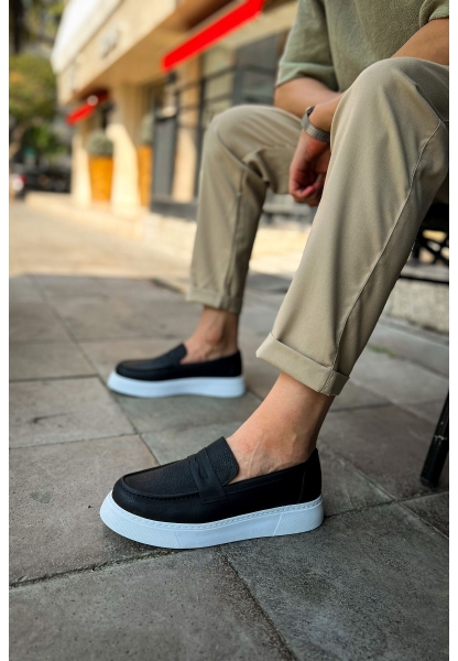 MirgeShoes Siyah Bağcıksız Erkek Loafer Ayakkabı Yüksek Kalın BYZ Taban MRG01062739