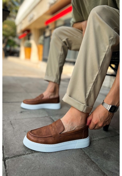 MirgeShoes Taba Bağcıksız Erkek Loafer Ayakkabı Yüksek Kalın BYZ Taban MRG01062739