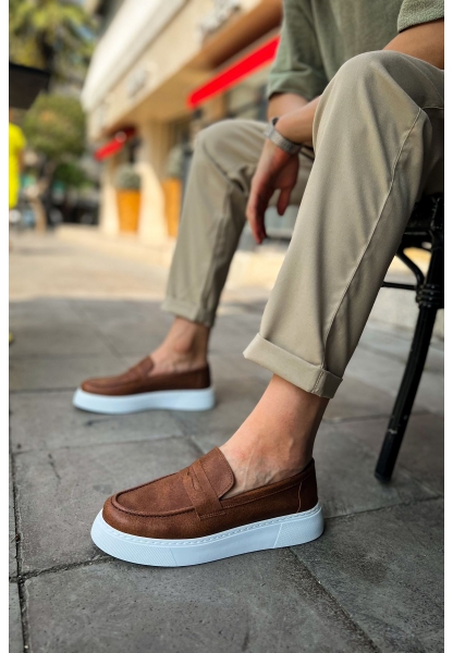 MirgeShoes Taba Bağcıksız Erkek Loafer Ayakkabı Yüksek Kalın BYZ Taban MRG01062739