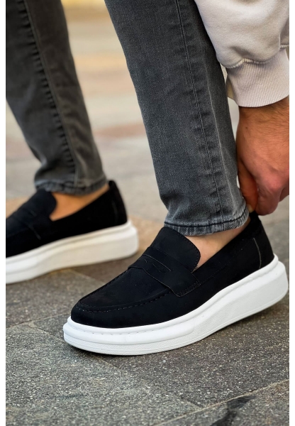 MirgeShoes Siyah Bağcıksız Erkek Loafer Ayakkabı Süet Yüksek Kalın BYZ Taban MRG01062933