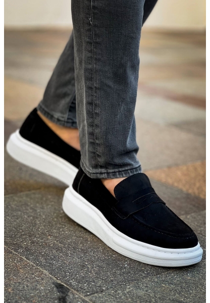 MirgeShoes Siyah Bağcıksız Erkek Loafer Ayakkabı Süet Yüksek Kalın BYZ Taban MRG01062933