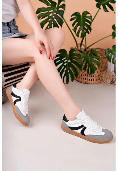 MirgeShoes Beyaz-Siyah-Gri Bağcıklı Kadın Günlük Spor Ayakkabı Rahat KHV Taban MRG01062939
