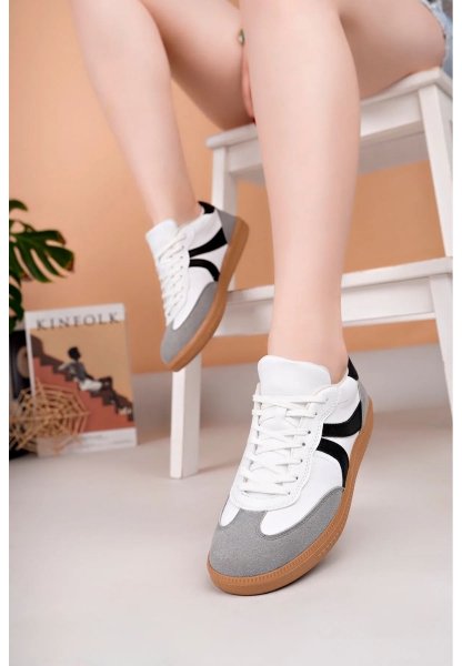 MirgeShoes Beyaz-Siyah-Gri Bağcıklı Kadın Günlük Spor Ayakkabı Rahat KHV Taban MRG01062939