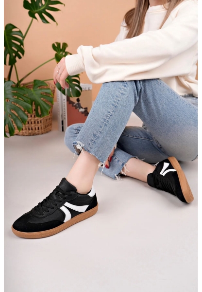 MirgeShoes Siyah-Beyaz Bağcıklı Kadın Günlük Spor Ayakkabı Rahat KHV Taban MRG01062939