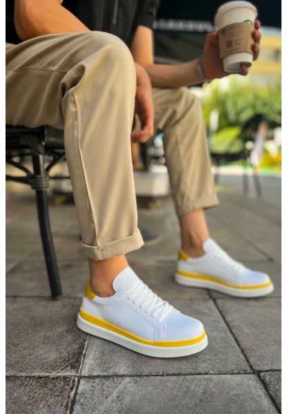 MirgeShoes Beyaz-Sarı Bağcıklı Erkek Santoni Spor Ayakkabı Rahat BYZ Taban MRG01063297